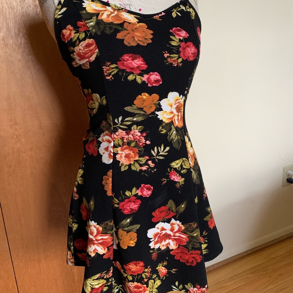 Black floral print spaghetti strap dress